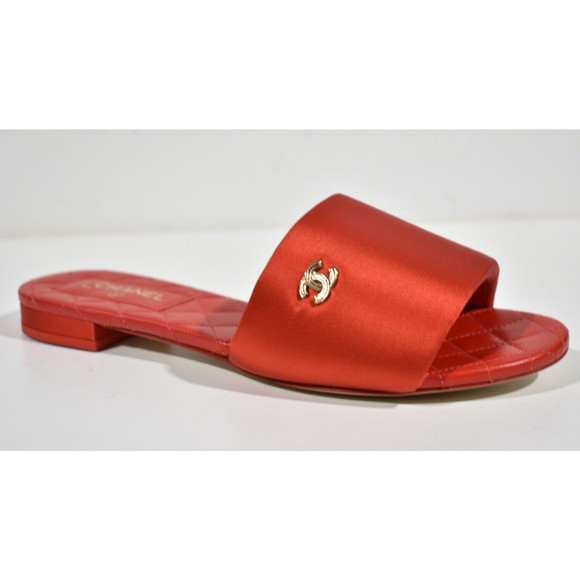 Chanel 22P Red Satin CC Gold Logo Quilted Leather Slide Mule Sandal Flop Flat 37 - Picture 2 of 12